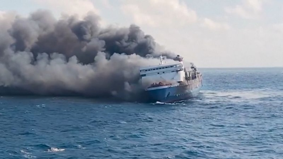 Smoke rising from the KM Mutiara Sentosa 2 ferry off Java on August 2, 2026 (CNN)