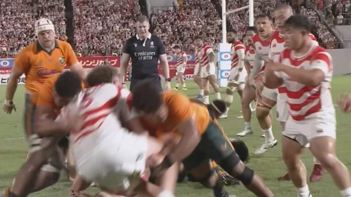 Wallabies lock Miles Amatosero is shown a red card during the Test against Japan in Osaka
