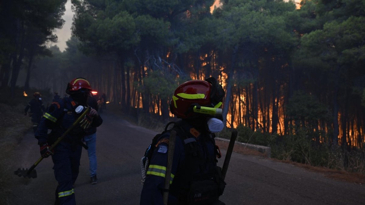 Smoke and flames rise over the wildfire near Porto Germeno, northwest of Athens