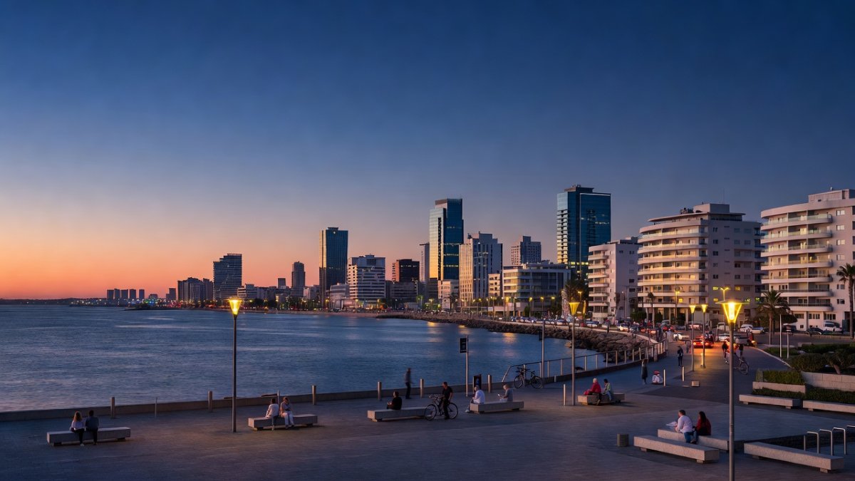 Tel Aviv skyline and Habima Square at dusk