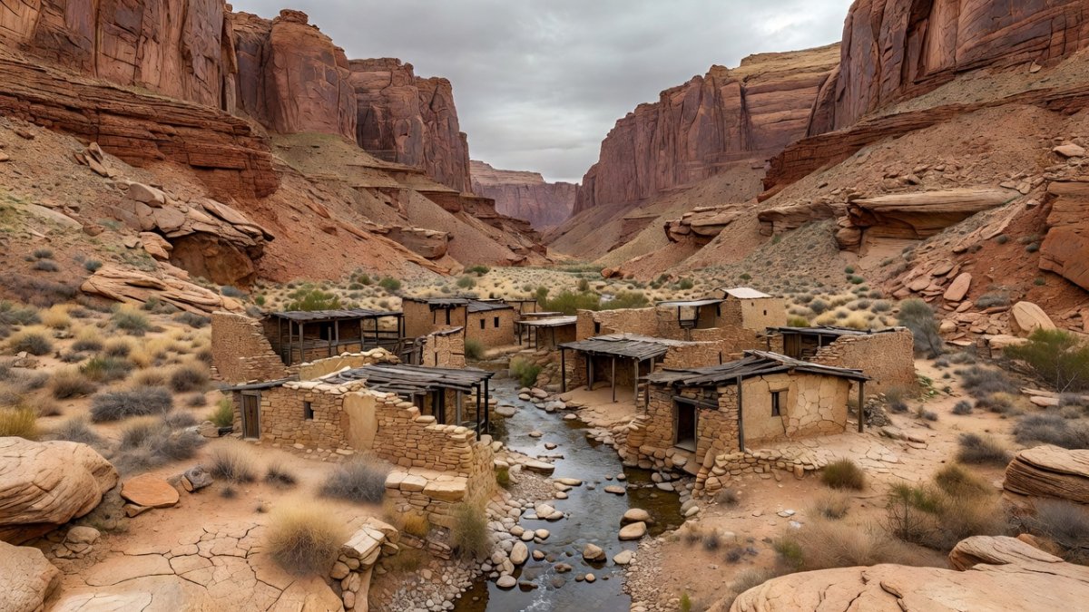 Remote canyon settlement beside a creek in a desert gorge