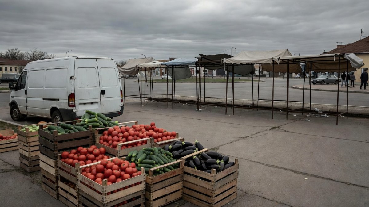 A market square beside a roundabout in Kherson, southern Ukraine
