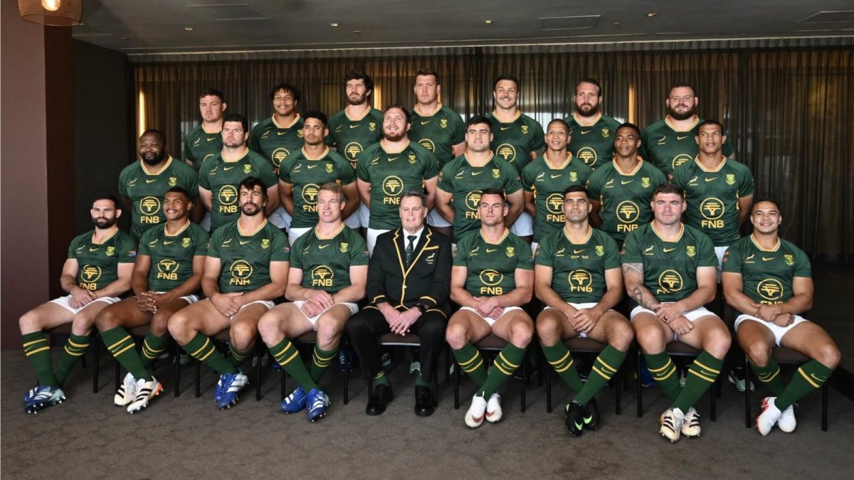 The Springboks team pose ahead of the second Test against the All Blacks at Cape Town Stadium