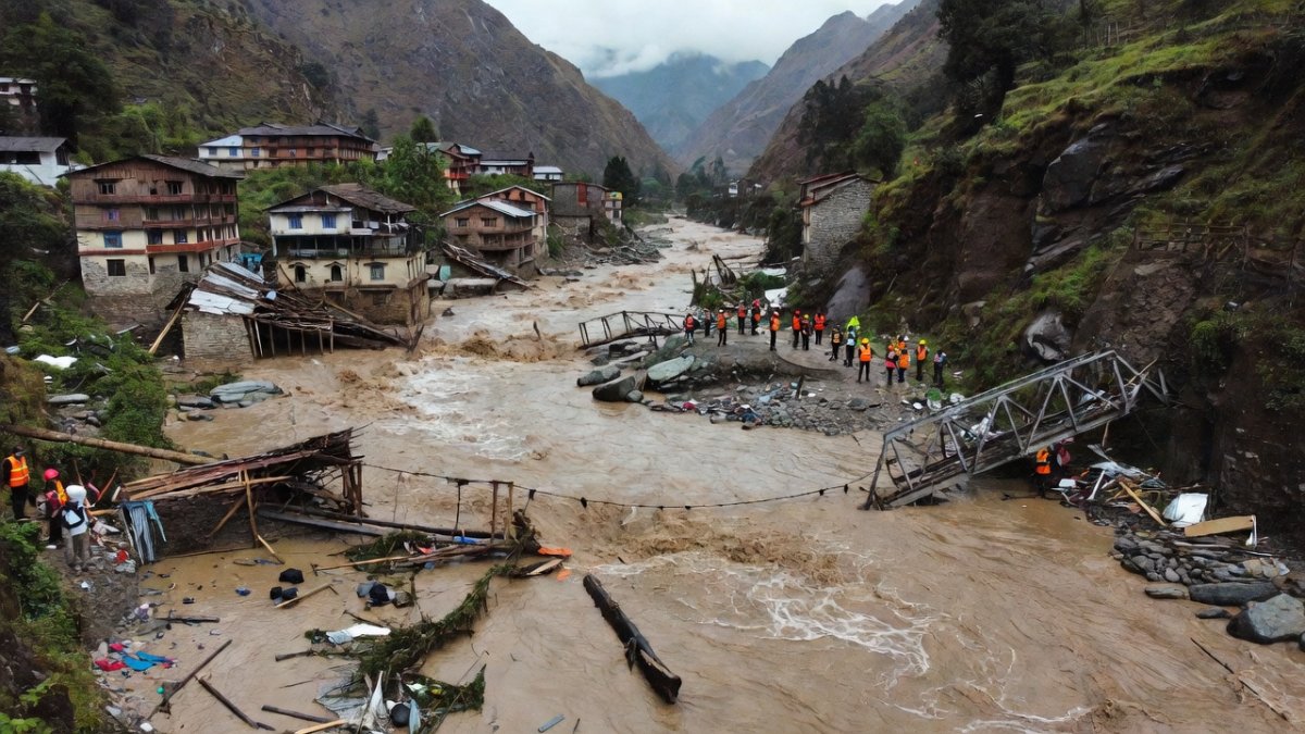 Flood damage and rescue efforts along the Trishuli River in Nepal after flash floods