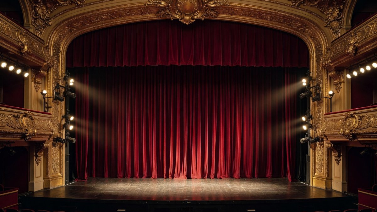 The grand stage of a historic London West End theatre with red velvet curtains