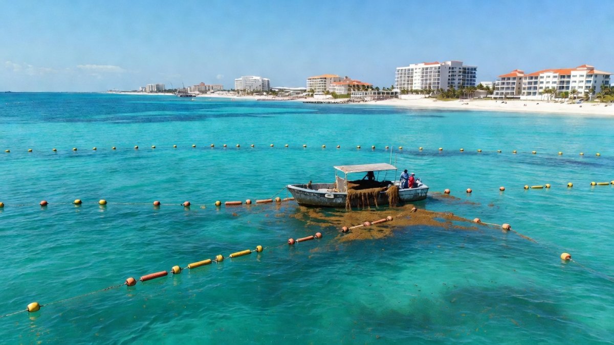 A work boat collects sargassum near floating barriers off the Mexican Caribbean coast near Cancún