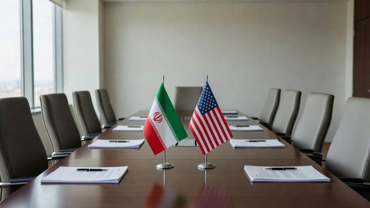 Diplomatic meeting table with Iranian and US flags during stalled negotiations