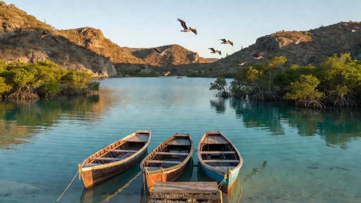 Panga boats in a Baja California Sur lagoon, gray whale nursery waters