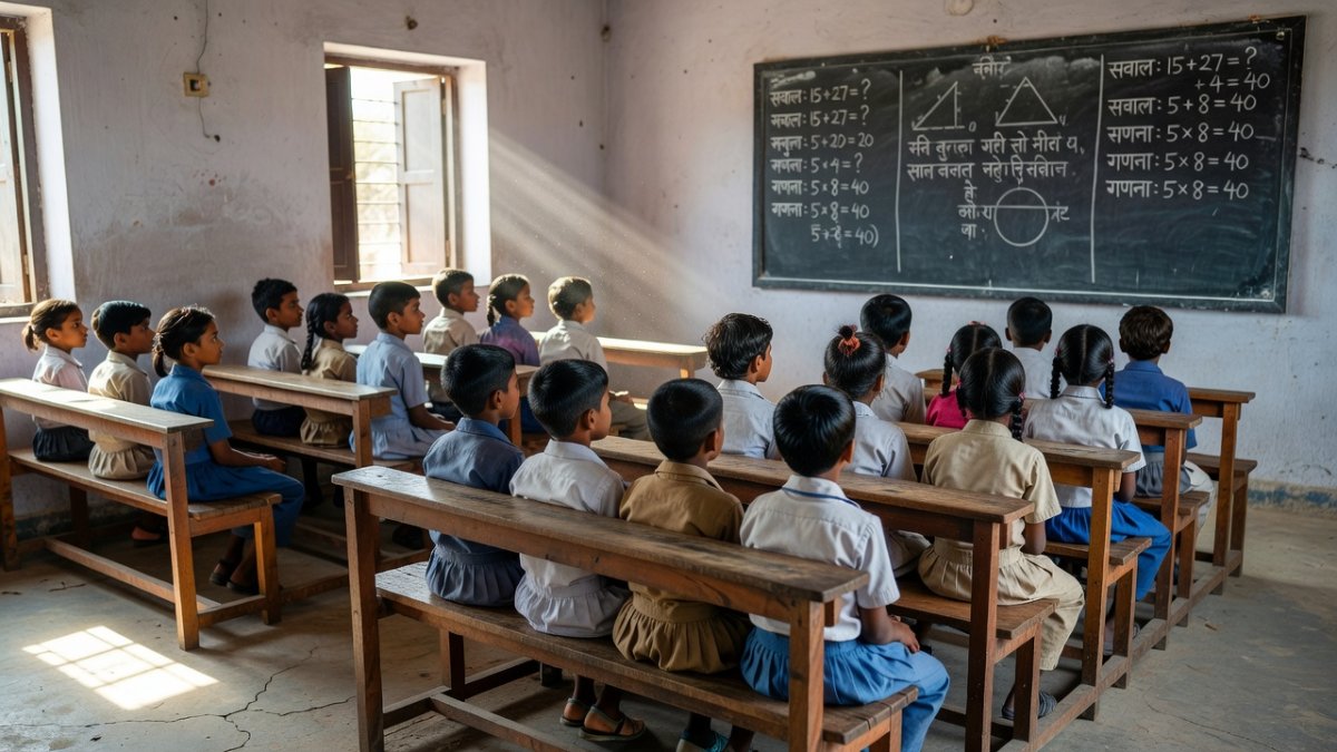 Students in a rural Indian government school classroom with basic infrastructure deficits