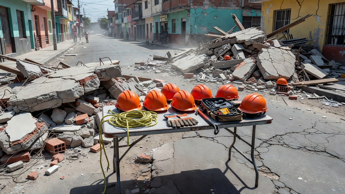 Search and rescue equipment near earthquake rubble in Colombia