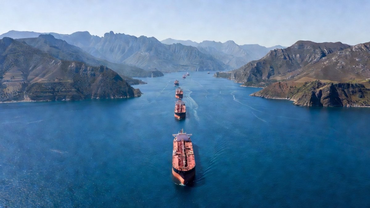 Oil tankers traverse the Strait of Hormuz, the strategic waterway at the center of the Iran-Oman shipping lanes negotiations