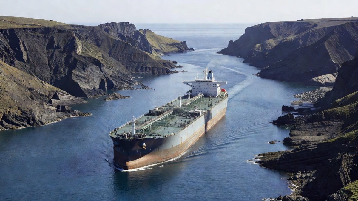 Crude oil tanker transiting a narrow strait amid Middle East conflict