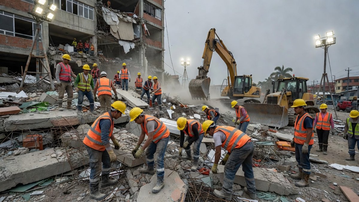 Rescue workers searching through rubble of a collapsed building in Cali, Colombia