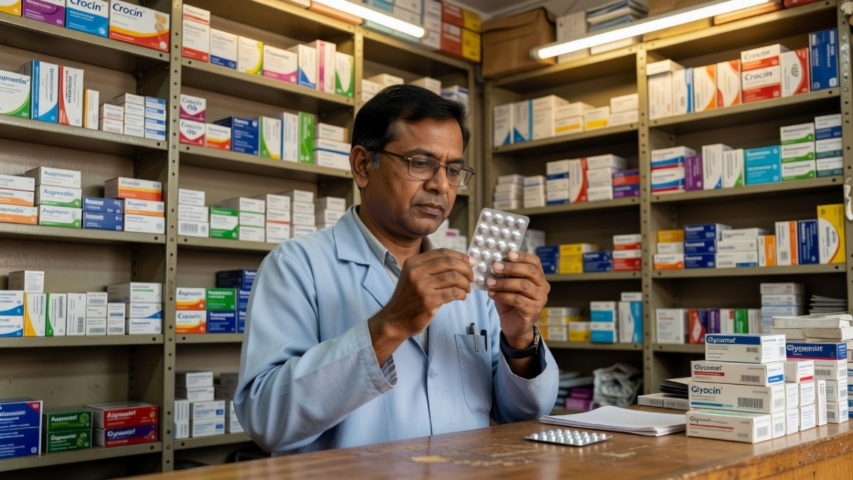 Indian pharmacist checking prescription medicine blister packs at a pharmacy counter