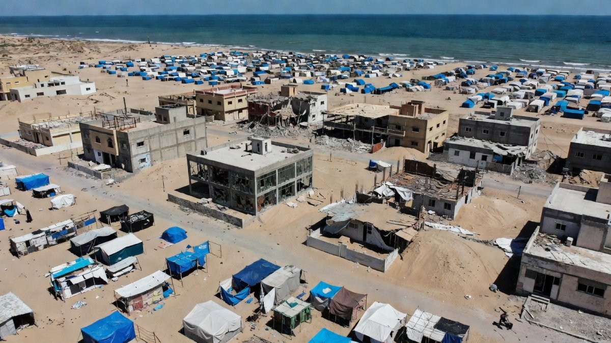 Aerial view of Gaza showing damaged buildings and tent camps stretched across sandy terrain
