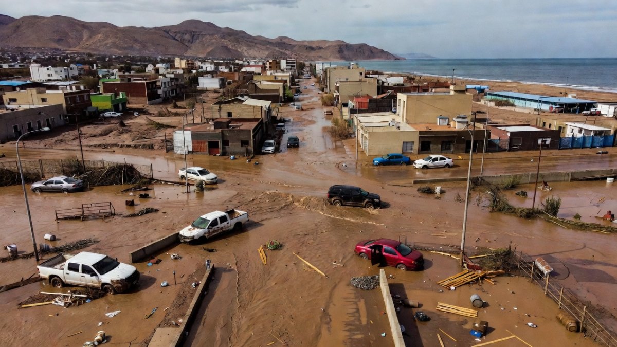 Muddy floodwater and debris in the streets of Tocopilla, a desert coastal city in northern Chile