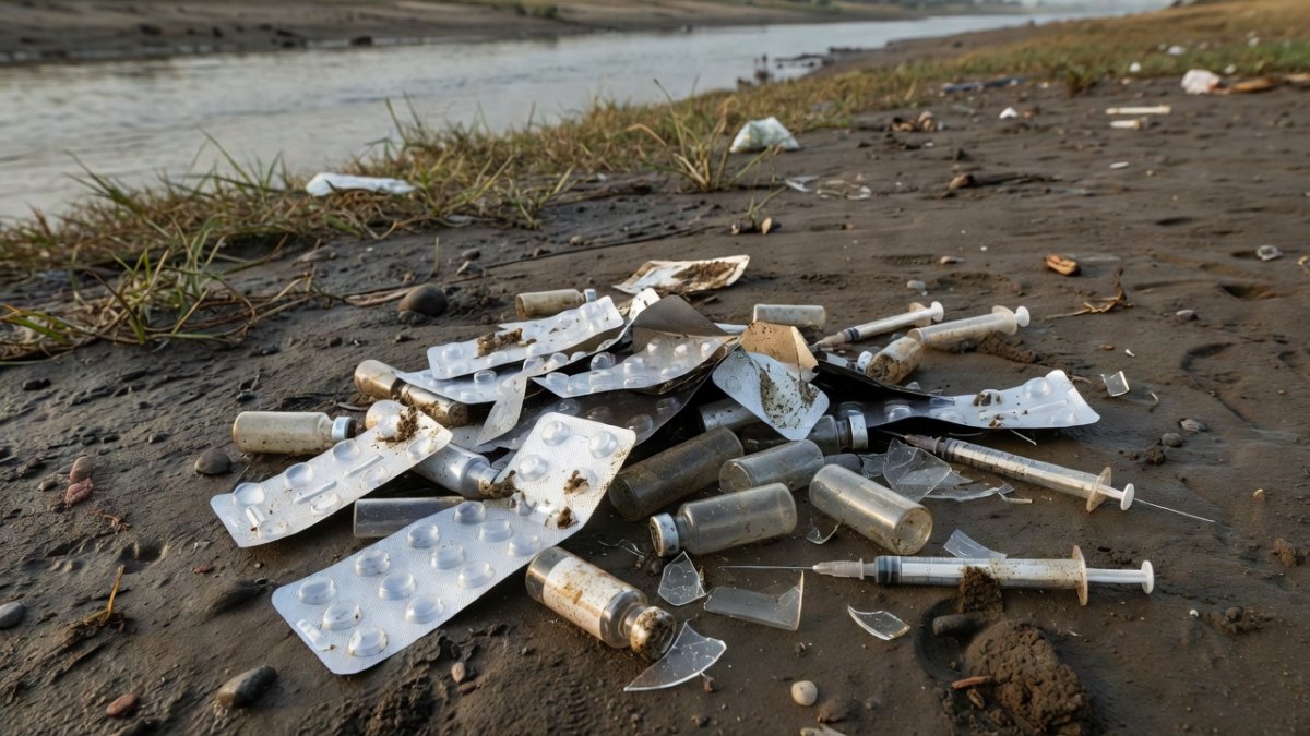 Expired medicine blister packs and vials discarded near a riverbank in rural Odisha