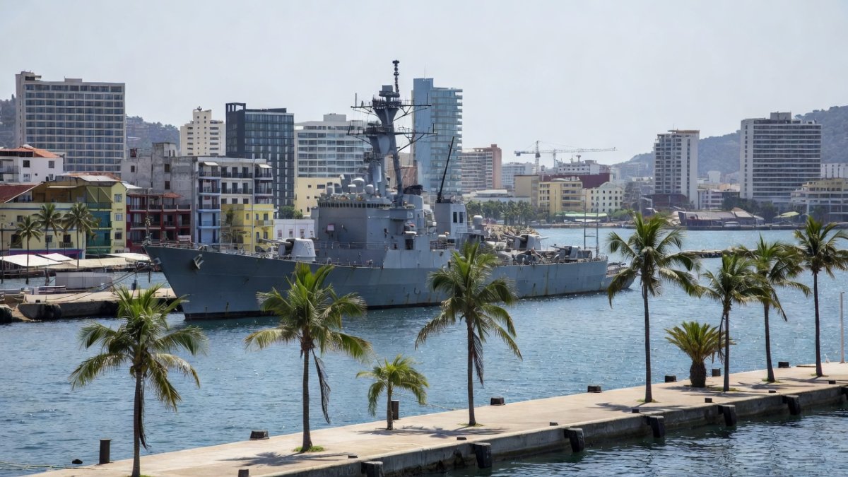 Port of Acapulco with a Mexican Navy vessel at the pier