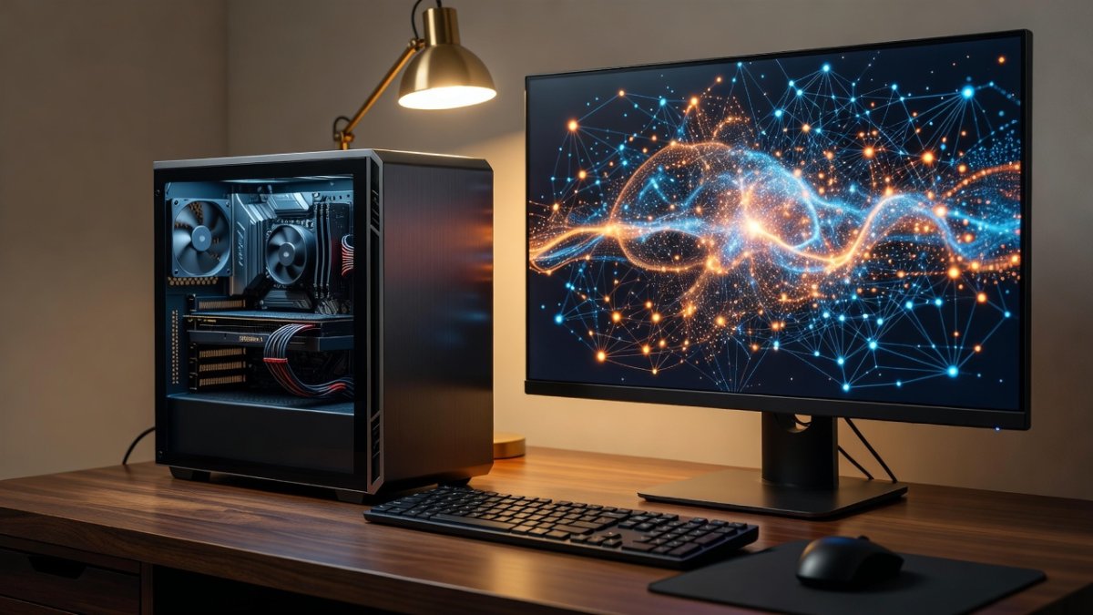 Desktop PC running open-source local AI with neural network visualization