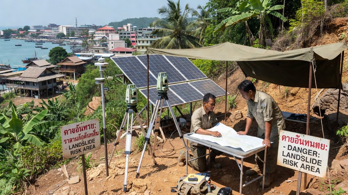 DMR officials inspecting landslide risk zones with drone mapping technology in Phuket