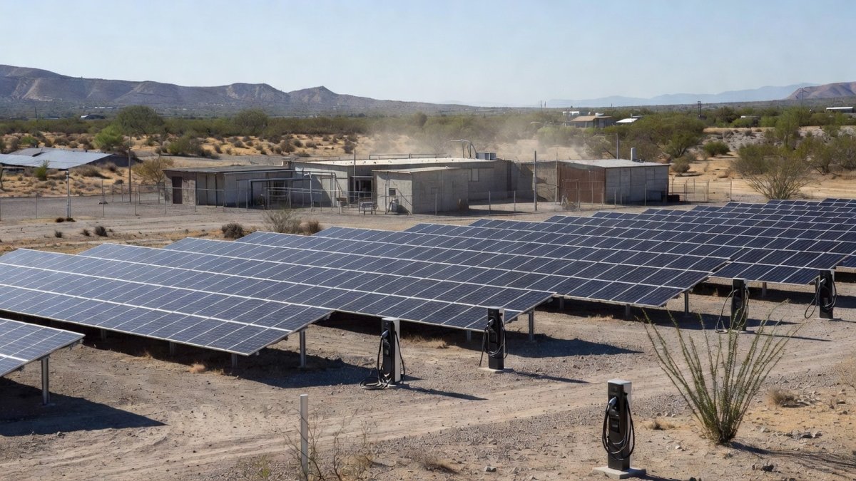 Solar panels and EV charging infrastructure at Kia's Pesquería industrial complex in Nuevo León
