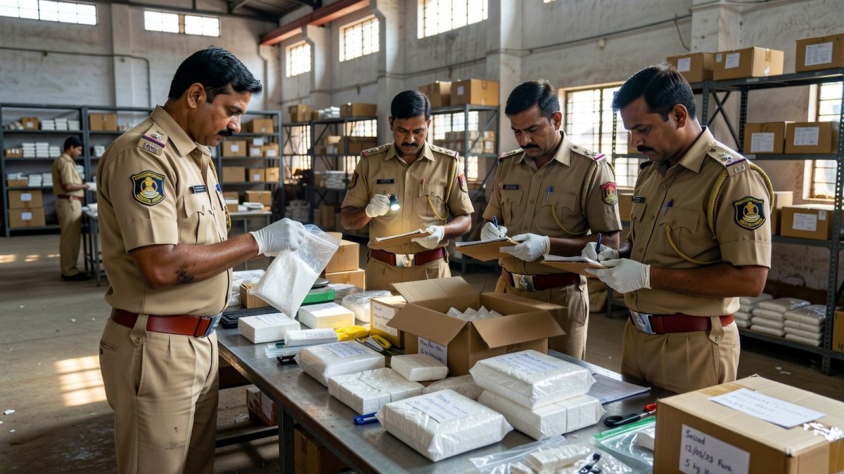 Narcotics Control Bureau officers inspecting seized drugs
