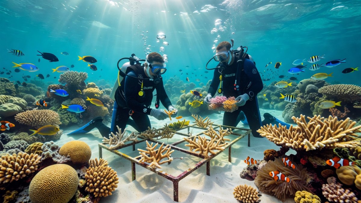 Marine biologists transplanting coral fragments on a reef restoration frame in the Caribbean