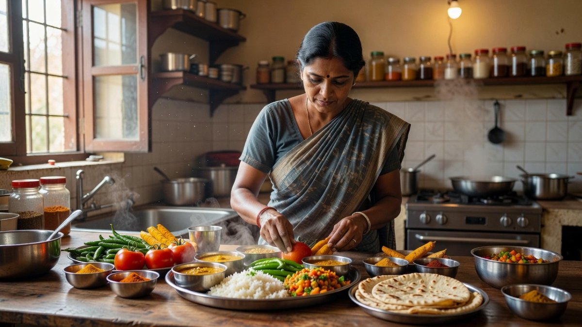 Indian kitchen with fresh vegetables and healthy cooking ingredients