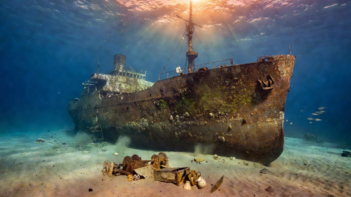 Underwater view of the Altalena wreck resting on the Mediterranean seabed