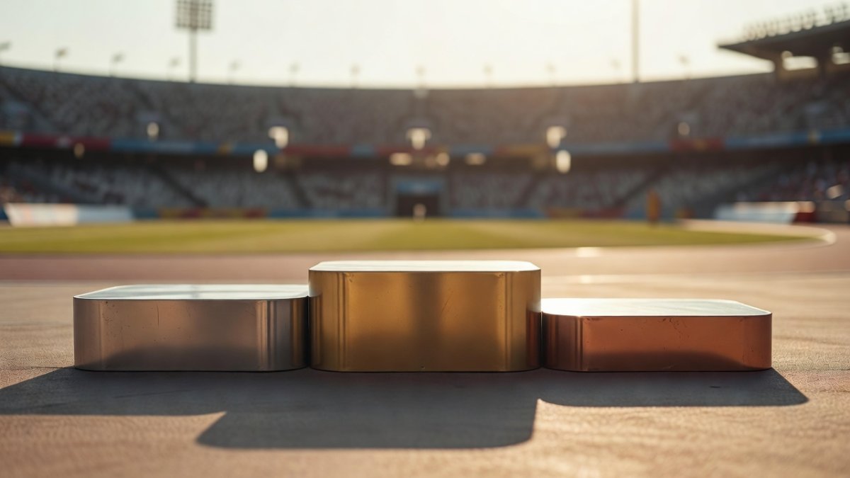 Medal podium in a stadium, symbolising the debate over fair play as Russia returns to world sport