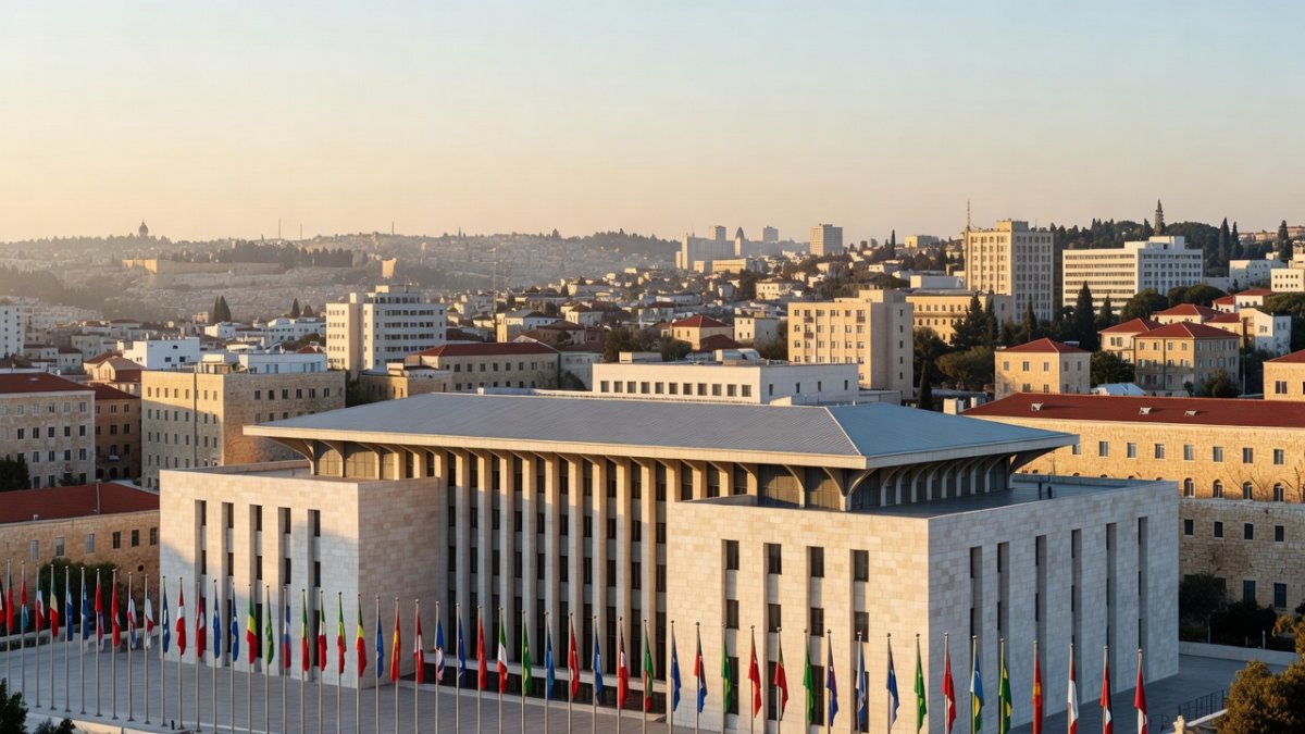 Wide view of the Jerusalem skyline with the Knesset building in the foreground