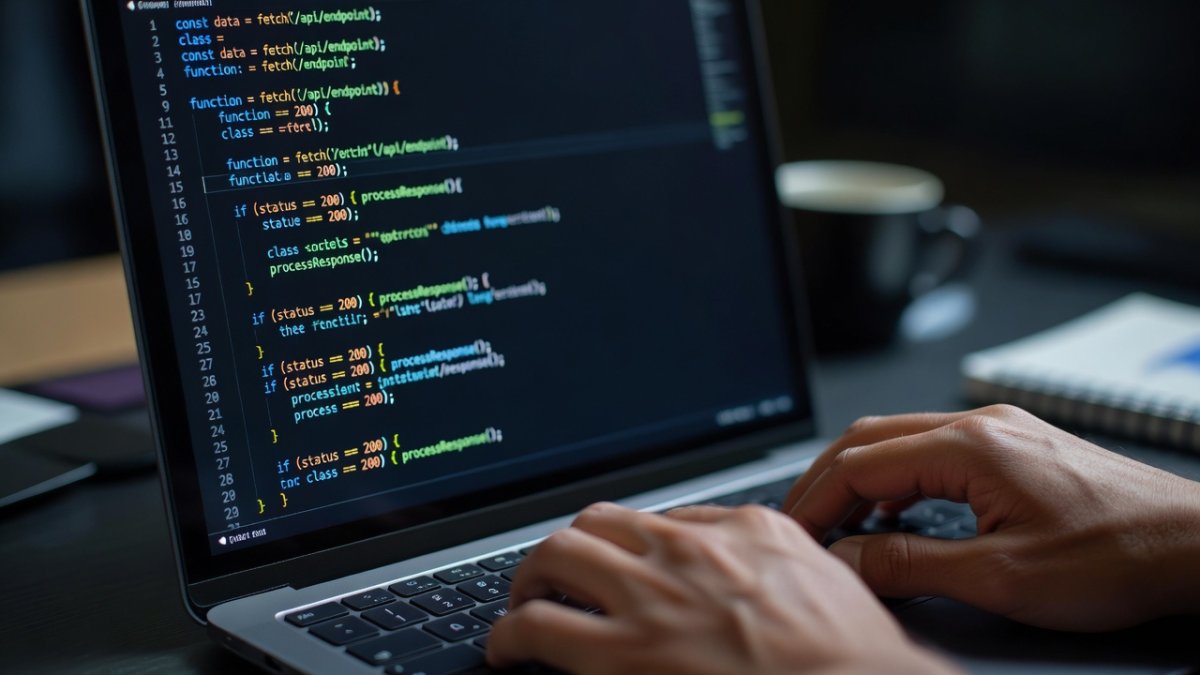 Programming code with syntax highlighting on a laptop screen