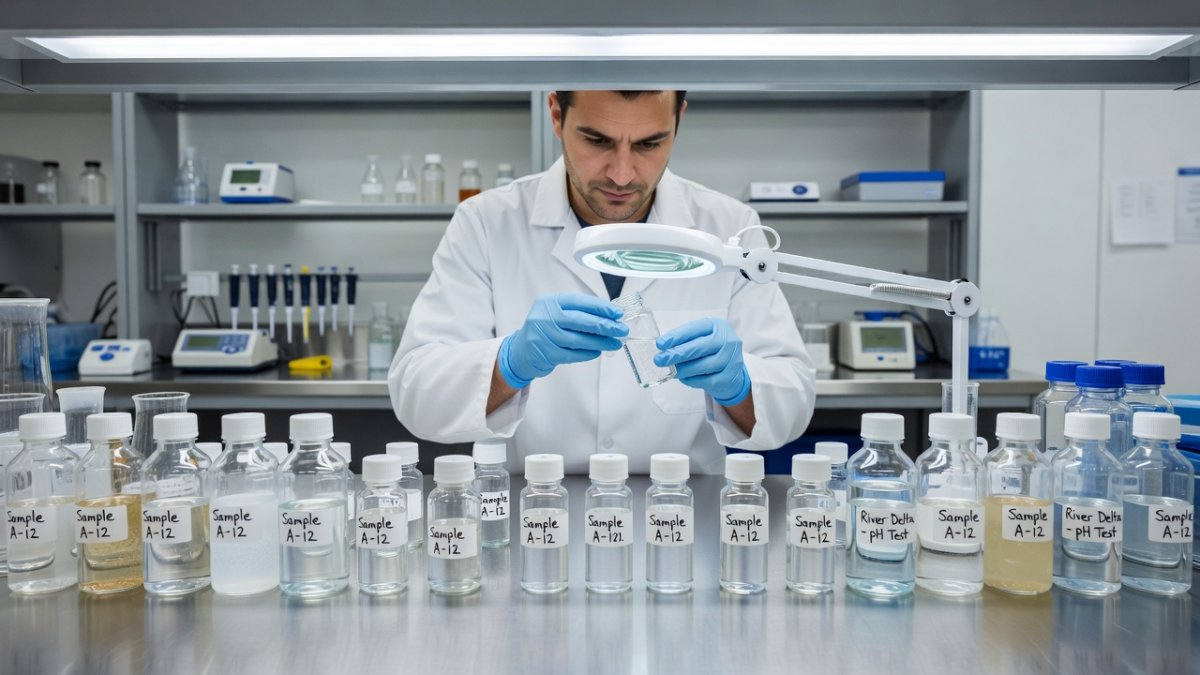 Technicians work with water sample bottles at the new Banadir Regional Laboratory in Mogadishu