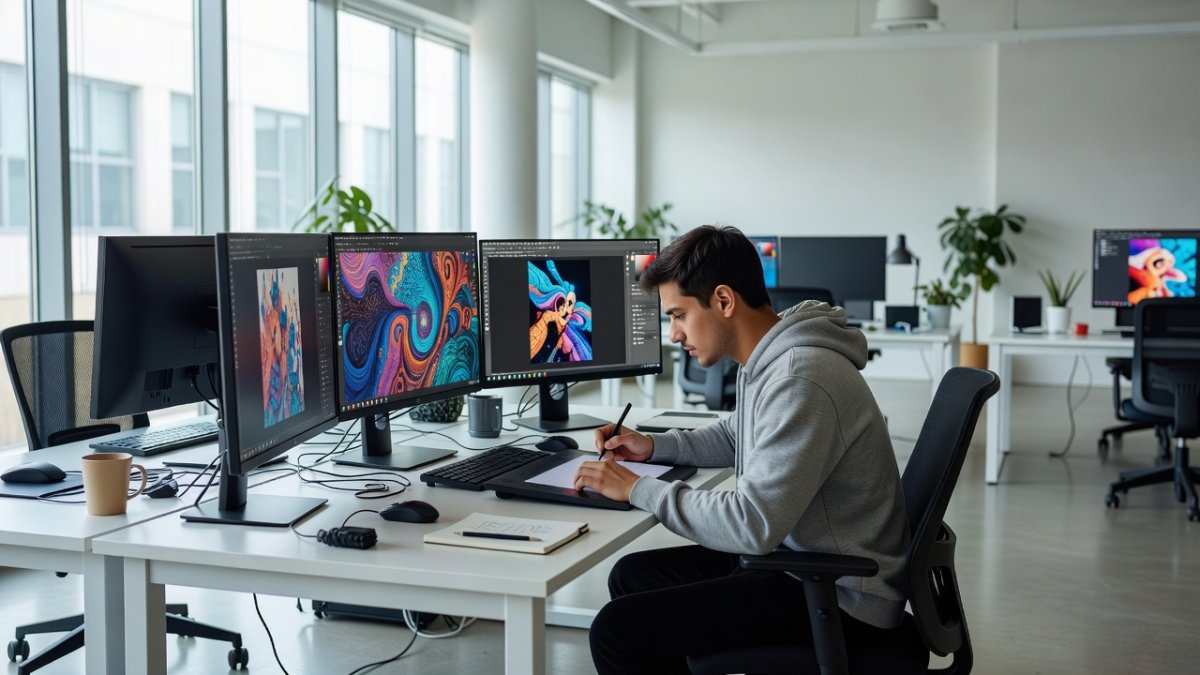 Bright creative technology workspace with monitors displaying digital art
