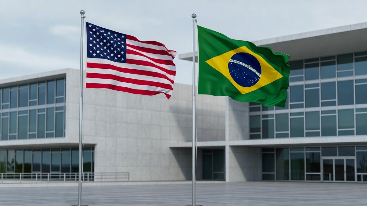 US and Brazilian flags displayed side by side outside a government building