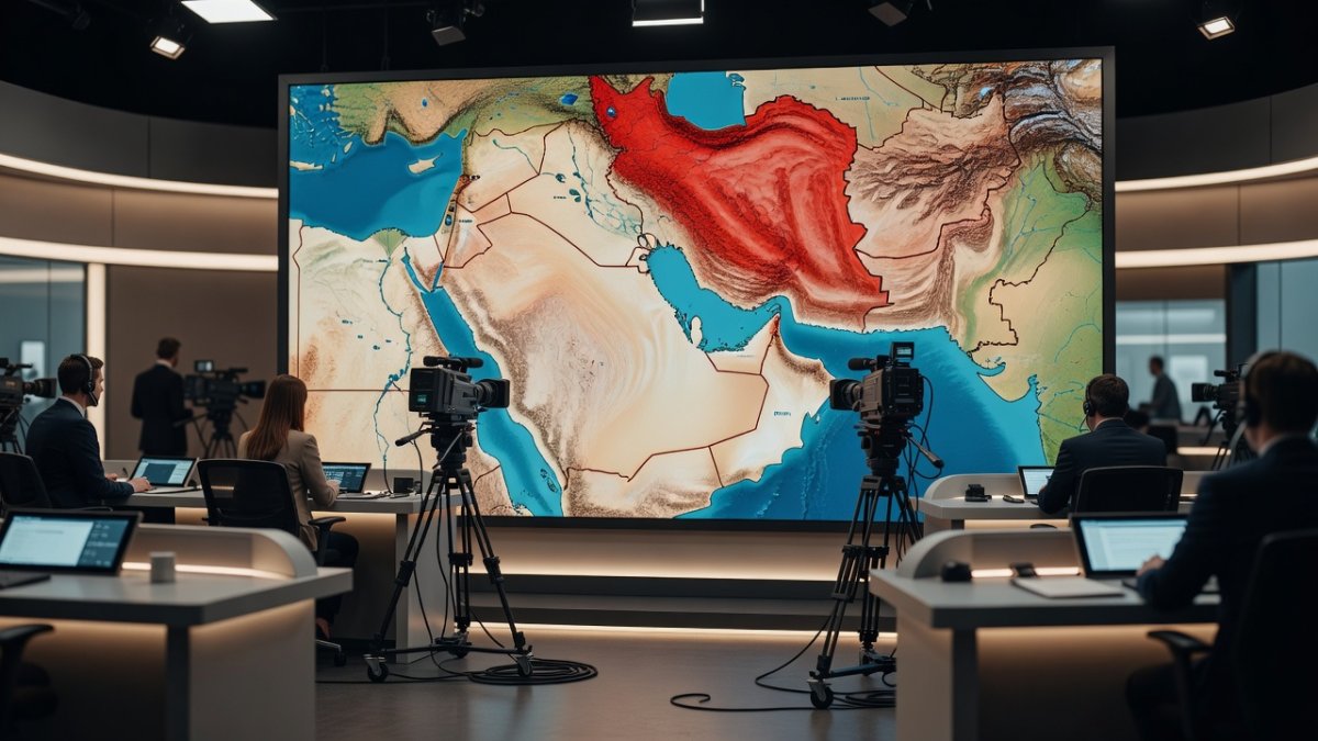 Middle East map highlighting Iran and Gulf states on a newsroom screen