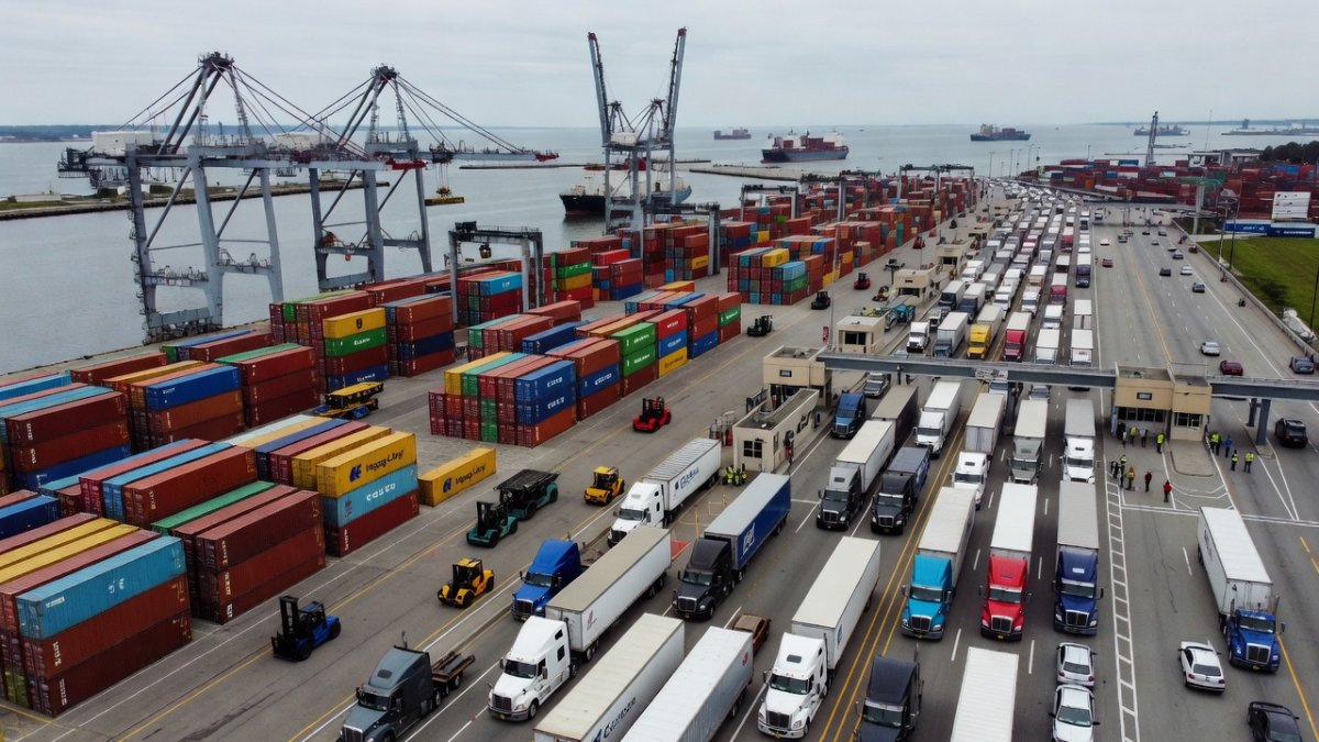 Aerial view of a North American cargo port as Canada and the United States negotiate tariffs on autos, alcohol and dairy