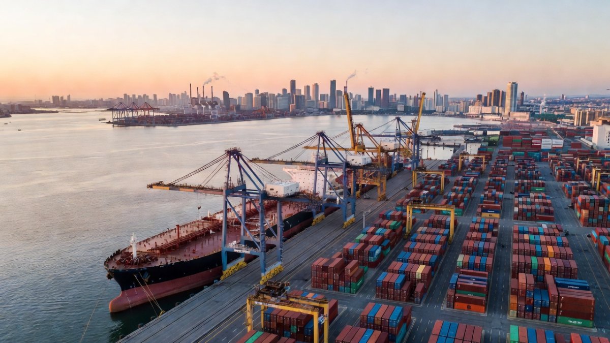 Container port and oil tanker at dawn