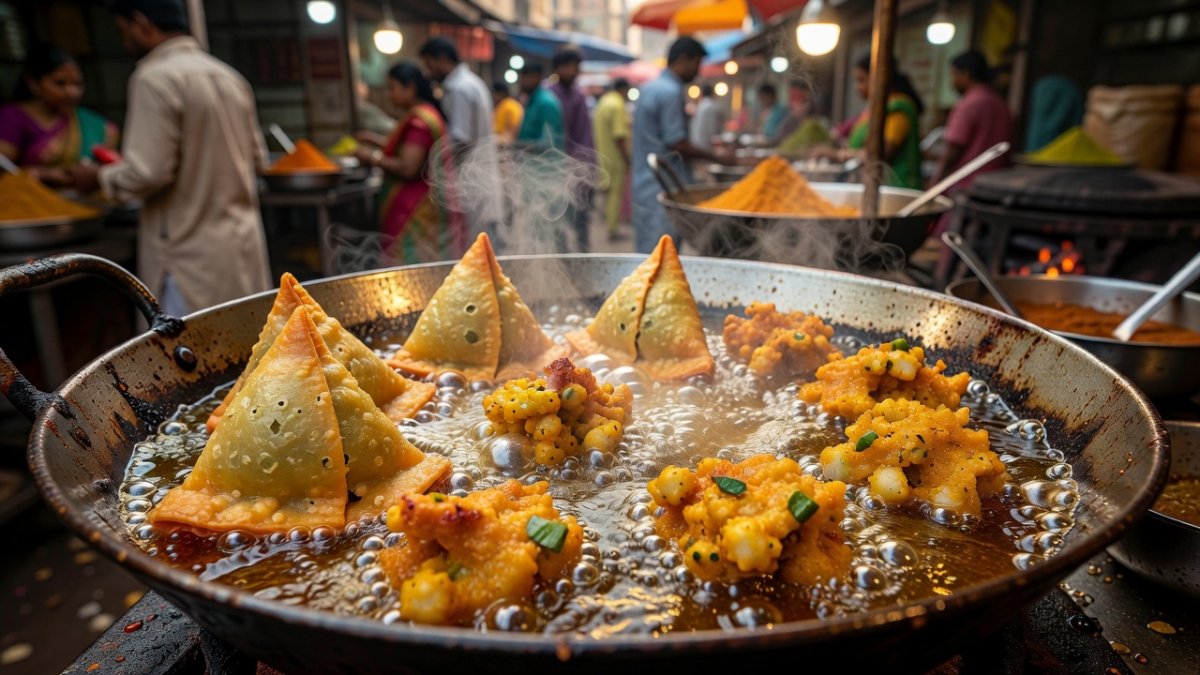 Samosas and pakoras frying in reused oil at an Indian street food stall