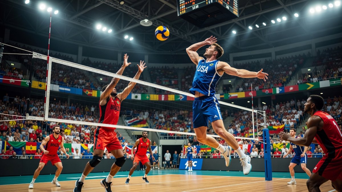 Volleyball players in action at the net during the AVC Women's Championship final