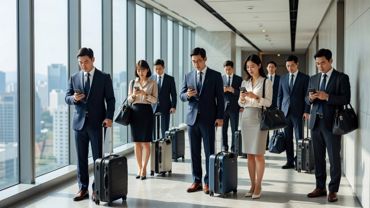 South Korean office workers checking phones during summer vacation
