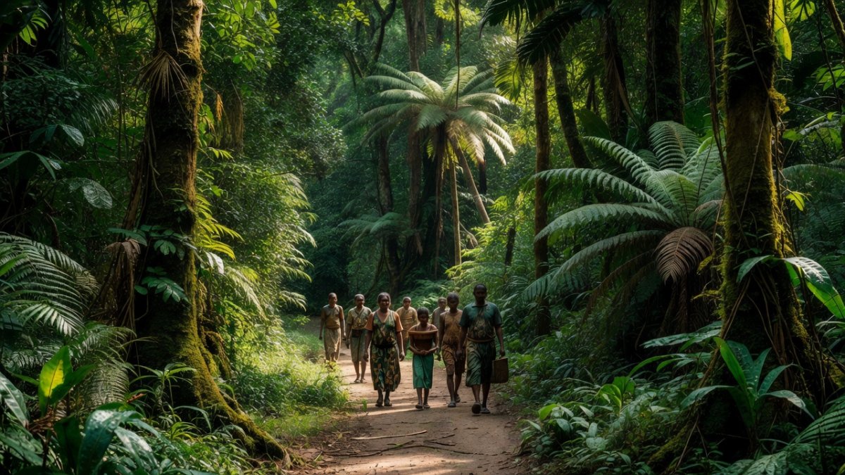 Indigenous Amazon community members walking through the rainforest