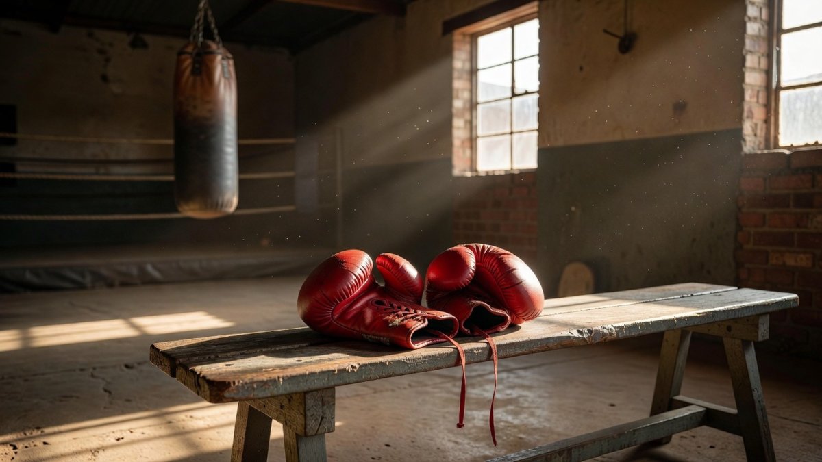 Boxing gloves resting in a township gym