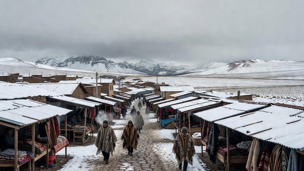 Snow-covered market stalls in El Alto, Bolivia during the August 2026 snowstorm