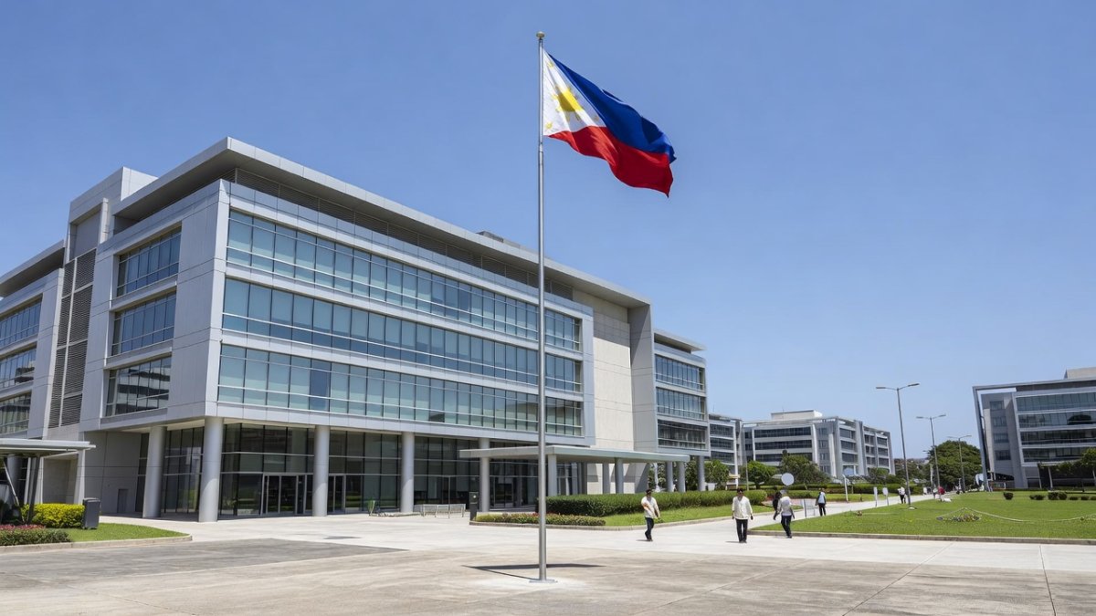Bureau of Internal Revenue headquarters building in Manila with Philippine flag