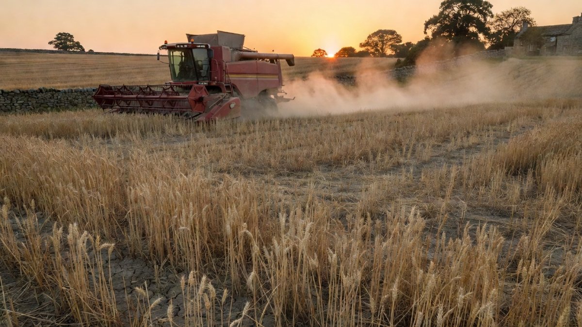 Combine harvester working through drought-stunted wheat in southern England