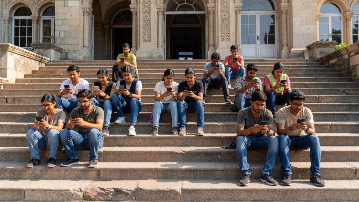 Indian students using smartphones on a university campus