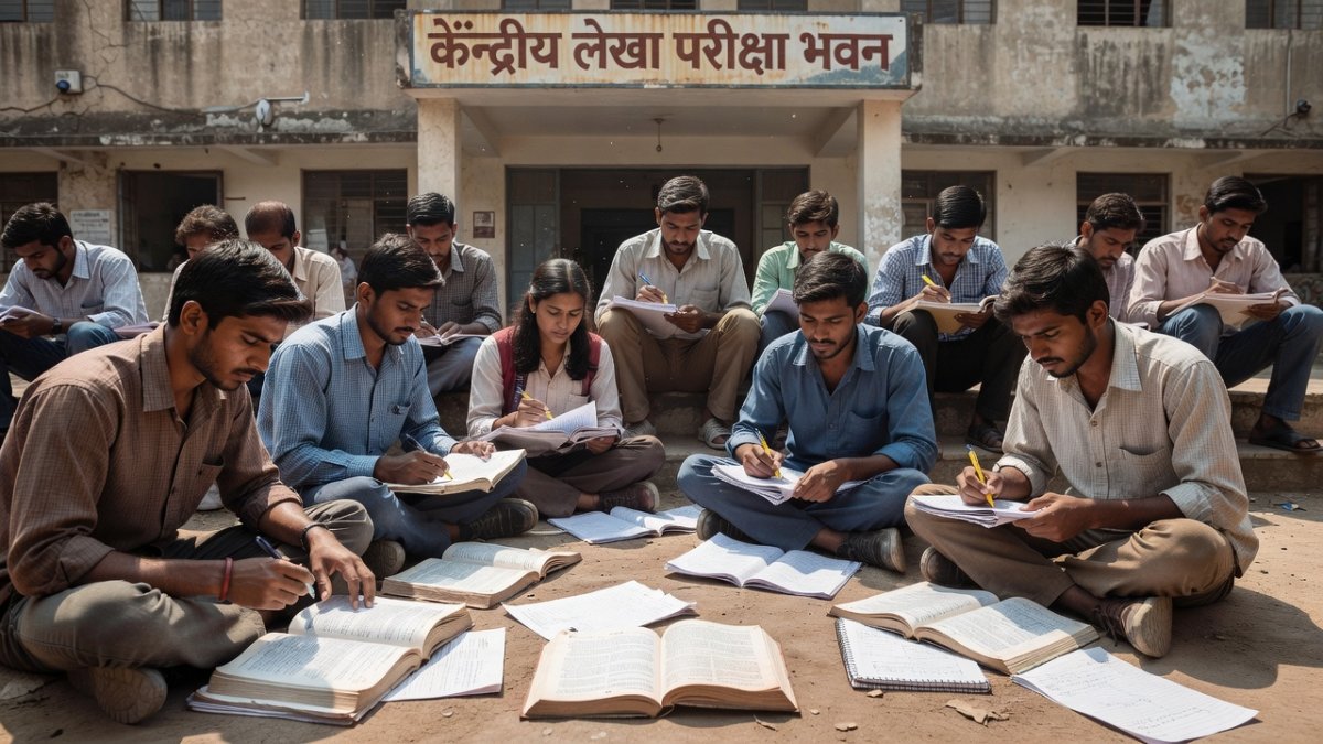 Students with study materials outside an examination hall in India