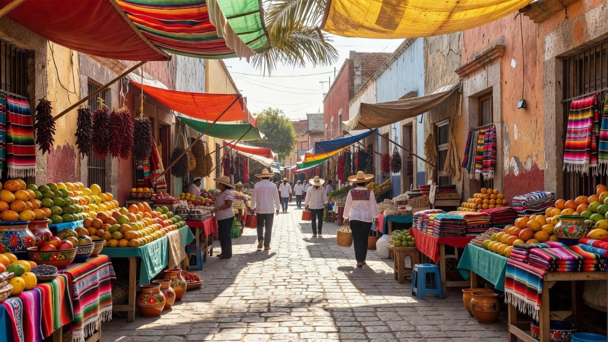 Traditional Mexican market street in a colonial town