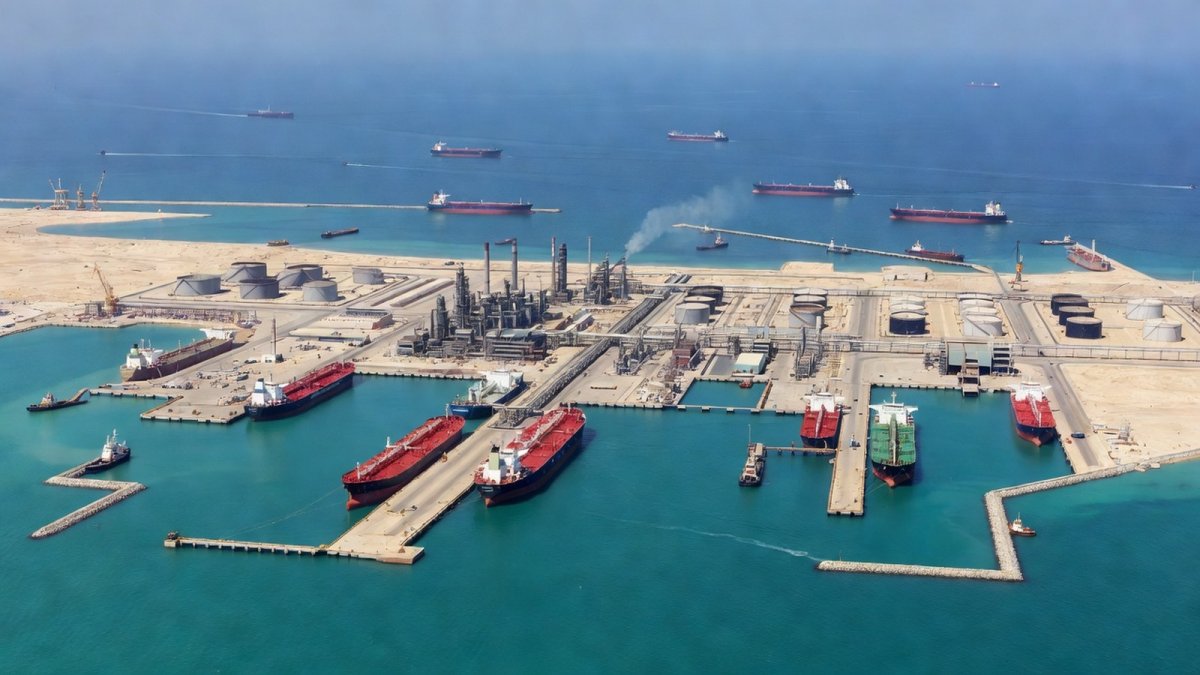 Aerial view of a Persian Gulf oil terminal highlighting the strategic importance of the Strait of Hormuz